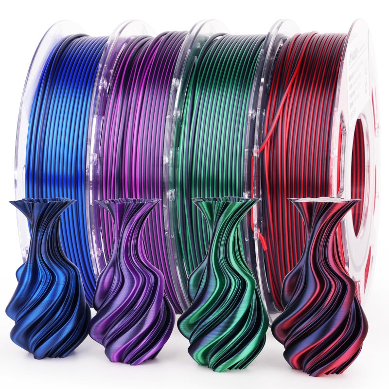 AMOLEN Silk PLA 3D Printer Filament Bundle, Shiny Dual Color PLA Filament 1.75mm Pack, Color Change PLA 3D Printing Filament for Most FDM 3D Printer, Black Series 200g X 4 Spools - Image 1