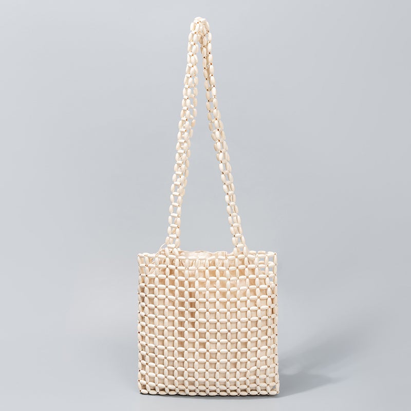 Handmade Wooden Bead Woven Bag for Women Ivory White