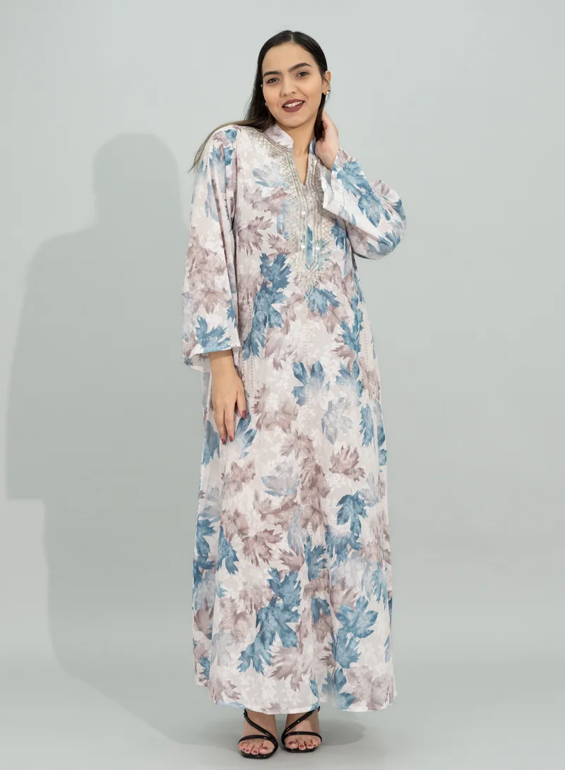 IKKXA Leaf Printed Multicolor Jalabiya CJ1090 Brown