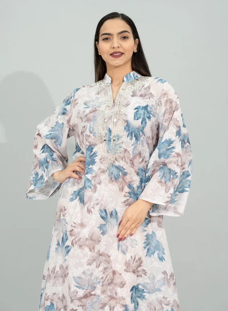IKKXA Leaf Printed Multicolor Jalabiya CJ1090 Brown