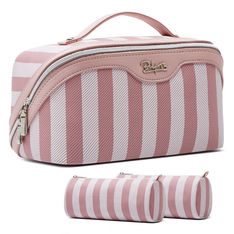 BOYATU Travel Makeup Bag for Women Large Cosmetic Bag Set of 3 PU Leather Make up Bag with Compartments Compact Waterproof Toiletry Bag with Divider Handle B1Pink - Image 2