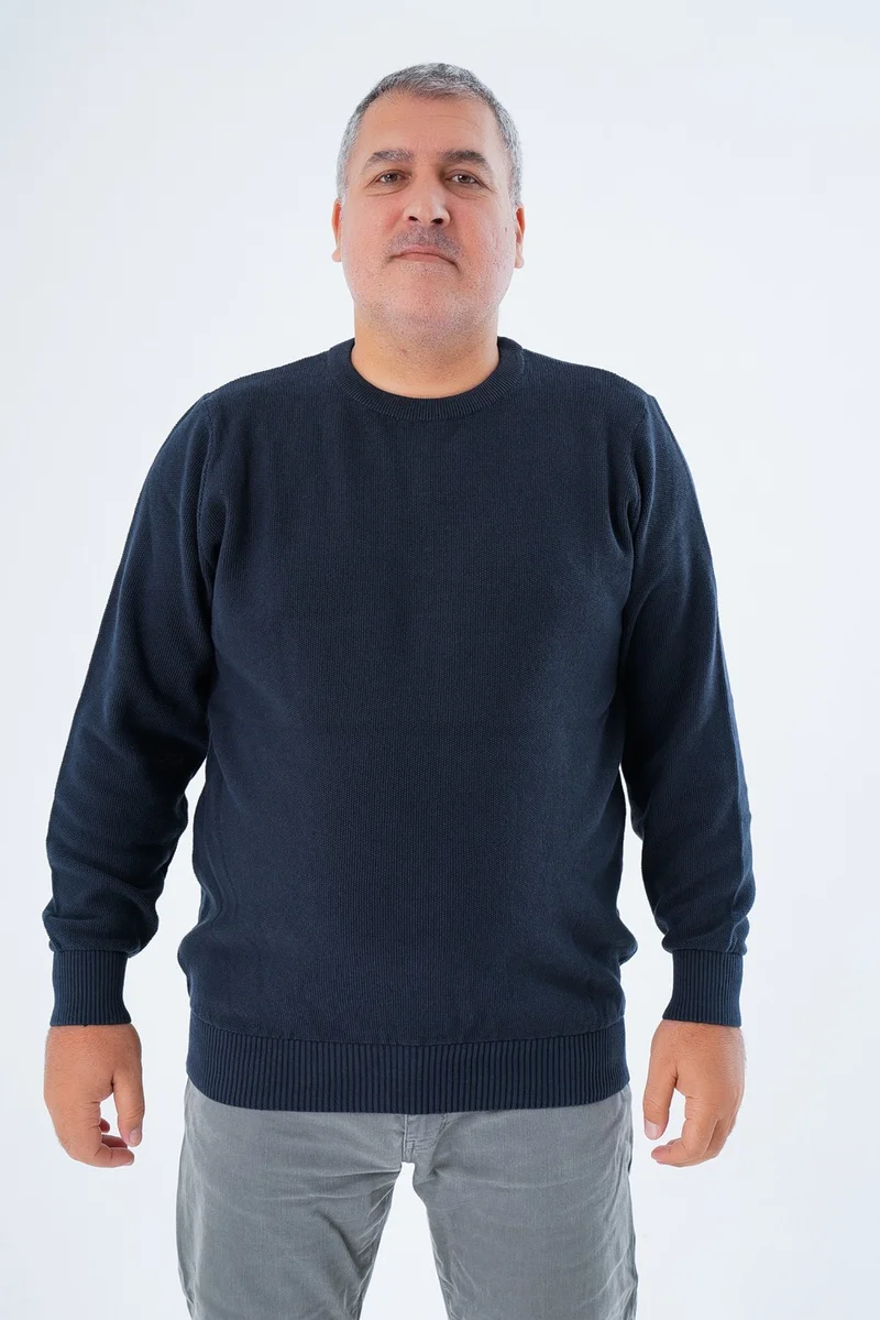Trist Star Large Size Men's Navy Blue Crew Neck Rice Knit Cotton Knitwear Sweater TRIST-2112