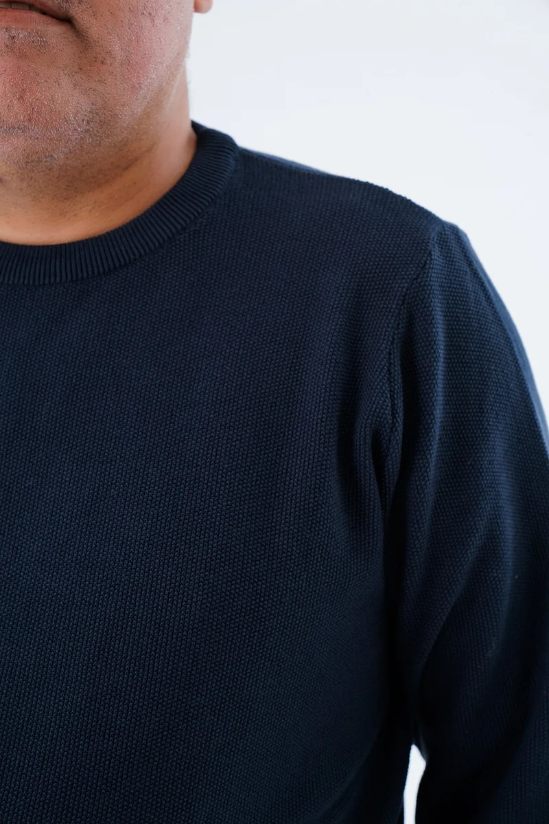 Trist Star Large Size Men's Navy Blue Crew Neck Rice Knit Cotton Knitwear Sweater TRIST-2112