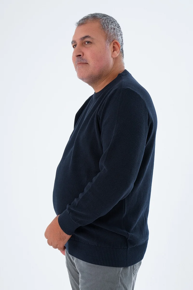 Trist Star Large Size Men's Navy Blue Crew Neck Rice Knit Cotton Knitwear Sweater TRIST-2112