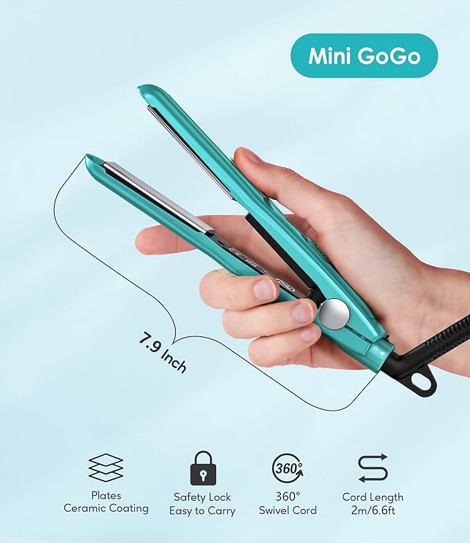 Mini Hair Straightener for Short Hair Small Straighteners Travel Straighteners and Ceramic Plate Quick and Easy Hair Styling Dual Voltage Pouch Included Blue