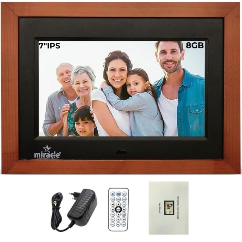 miracle digital 7''(17.8) IPS Wooden Digital Photo Frame with High Def Screen,USB DiskCard, RemotePhotos SlideShow,Video Audio, Support SD Built in 8GB Memory & 2GB RAM 180°Wide Angle Viewing(Dark) - Image 1