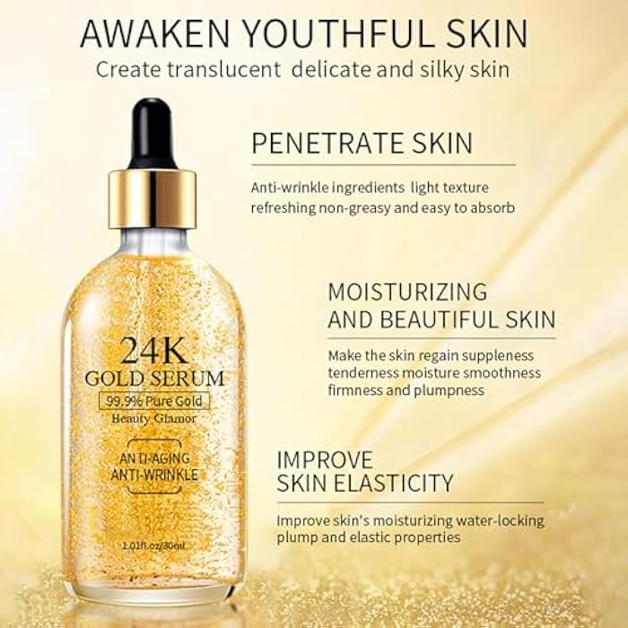 Grospe 24K Gold Serum for Face, 2Pack Skin Tone Even Anti Aging Moisturizer with Vitamin,Glow Collagen Booster Serum Hyaluronic Acid for Dark Spots & Fine Lines, 2.02fl oz - Image 2
