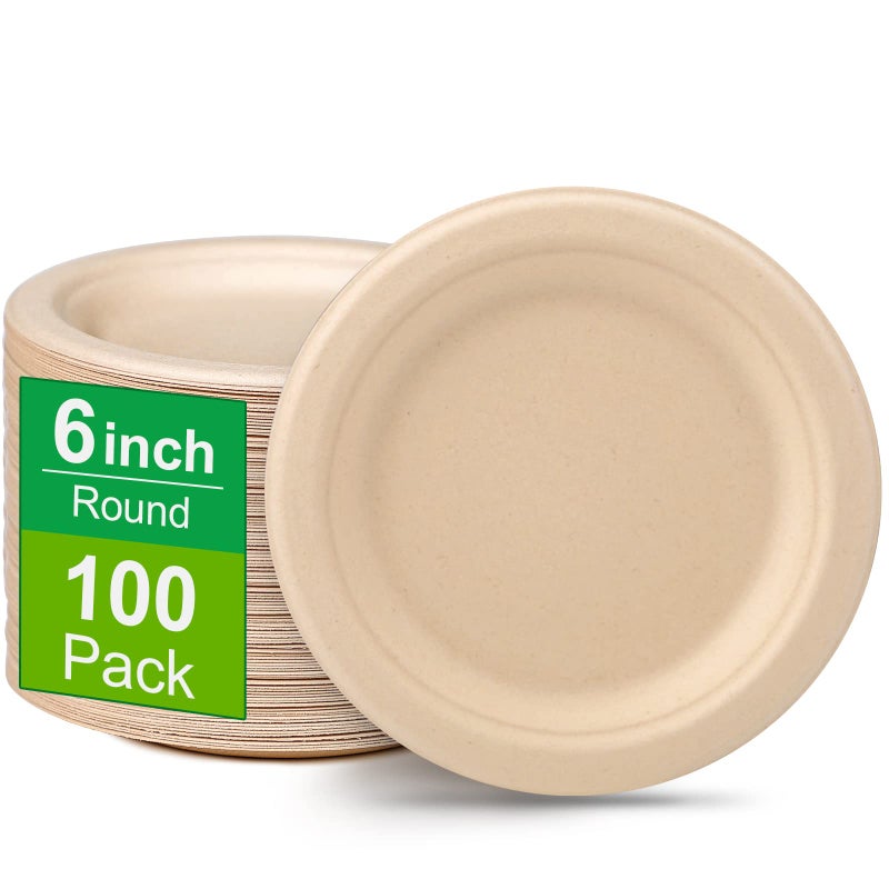 Greconv Compostable Disposable Paper Plates  6 Inch 100 Pack Brown Sturdy Ideal for Dessert Cake Appetizer