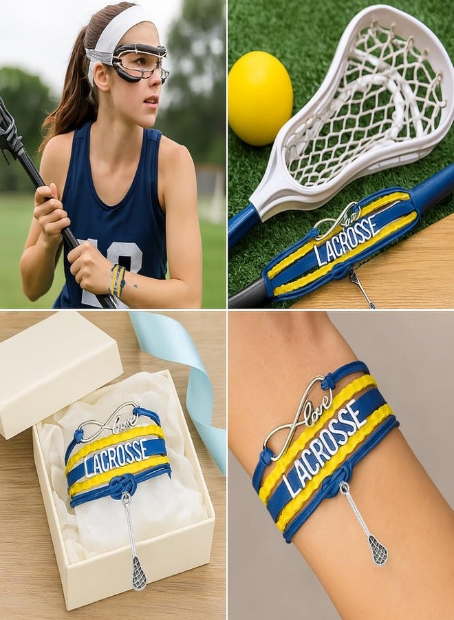 إنفينيتي كوليكشن أساور سبورتي بيلا لاكروس للمراهقين - سوار قابل للتعديل مزين برمز اللانهاية وعصا فضية. أساور صداقة لاكروس، هدايا للاعبين والفرق والمدربين. (أزرق/أصفر) - Image 3