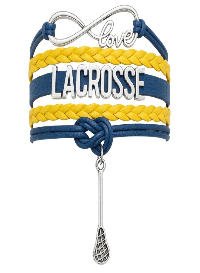 إنفينيتي كوليكشن أساور سبورتي بيلا لاكروس للمراهقين - سوار قابل للتعديل مزين برمز اللانهاية وعصا فضية. أساور صداقة لاكروس، هدايا للاعبين والفرق والمدربين. (أزرق/أصفر) - Image 1
