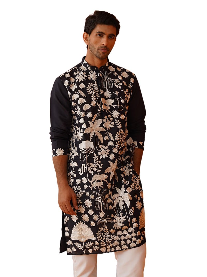Jompers Black Embroidered Straight Kurta Pyjama Set. (Black, XXL) - Image 1