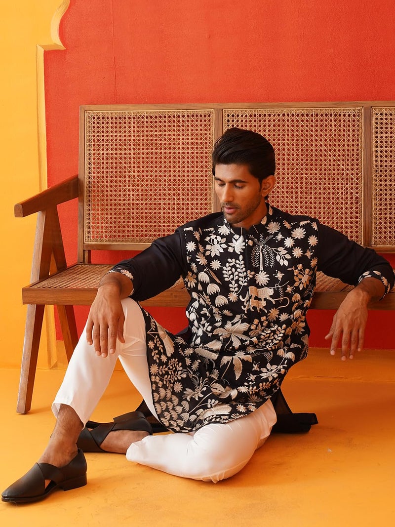 Jompers Black Embroidered Straight Kurta Pyjama Set. (Black, XXL) - Image 5