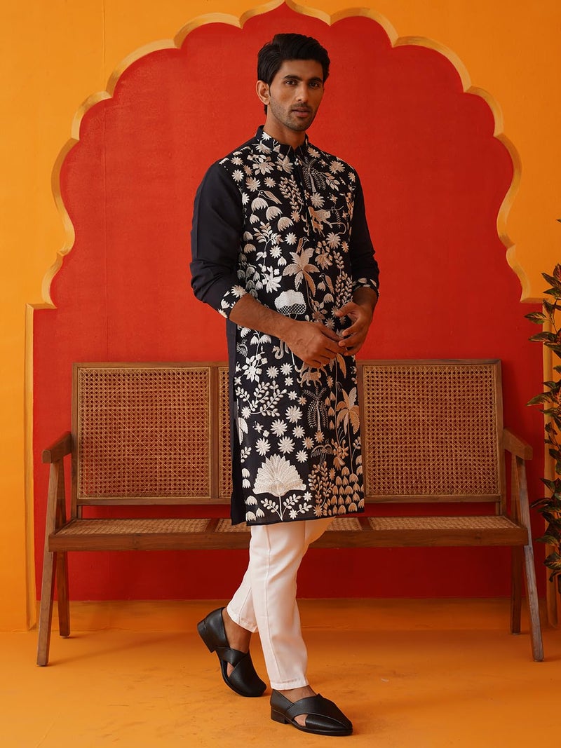 Jompers Black Embroidered Straight Kurta Pyjama Set. (Black, XXL) - Image 3
