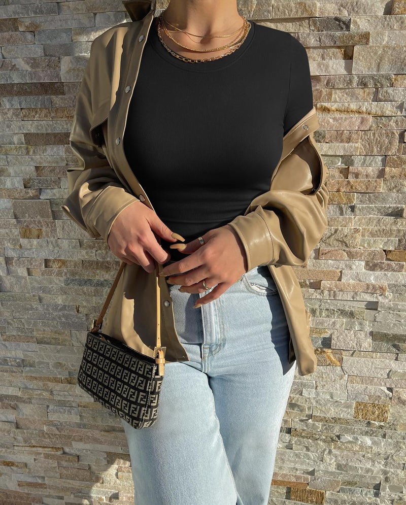 OQQ Womens 2 Piece Shirts Short Sleeve Crew Neck Ruched Stretch Fitted Tee Shirts Crop Tops Black Beige - Image 4