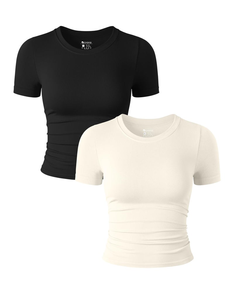 OQQ Womens 2 Piece Shirts Short Sleeve Crew Neck Ruched Stretch Fitted Tee Shirts Crop Tops Black Beige - Image 1