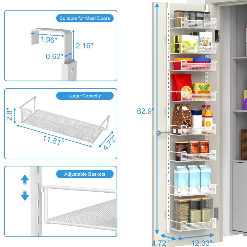 VyGrow 12.3" W Narrow Over the Door Pantry Organizer, 8-Tier Over the Door Organizer with Adjustable Basket, Pantry Door Organization for Pantry Kitchen Storage Room Spice Rack, White - Image 3