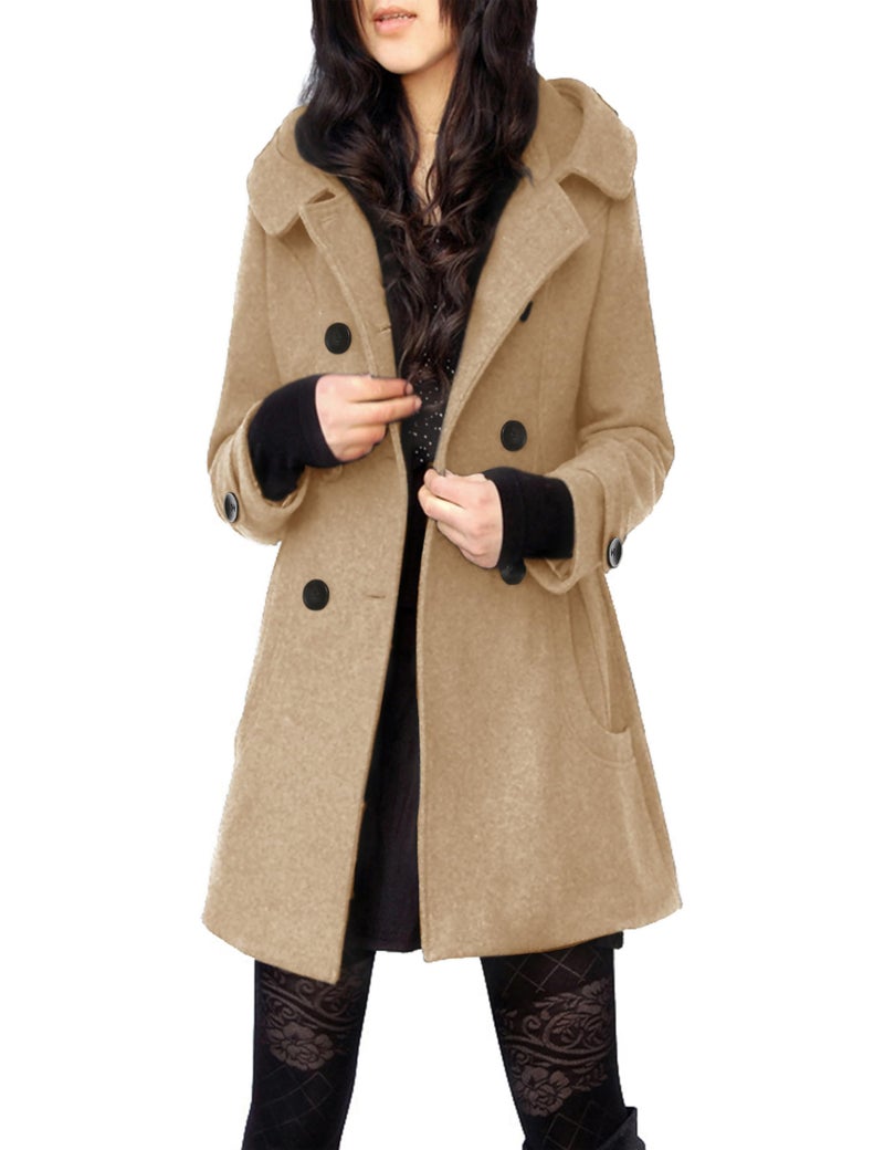 Tanming Women's Warm Double Breasted Wool Pea Coat Trench Coat Jacket with Hood (Khaki-L) - Image 1