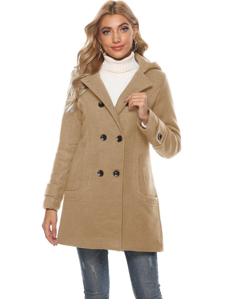 Tanming Women's Warm Double Breasted Wool Pea Coat Trench Coat Jacket with Hood (Khaki-L) - Image 4