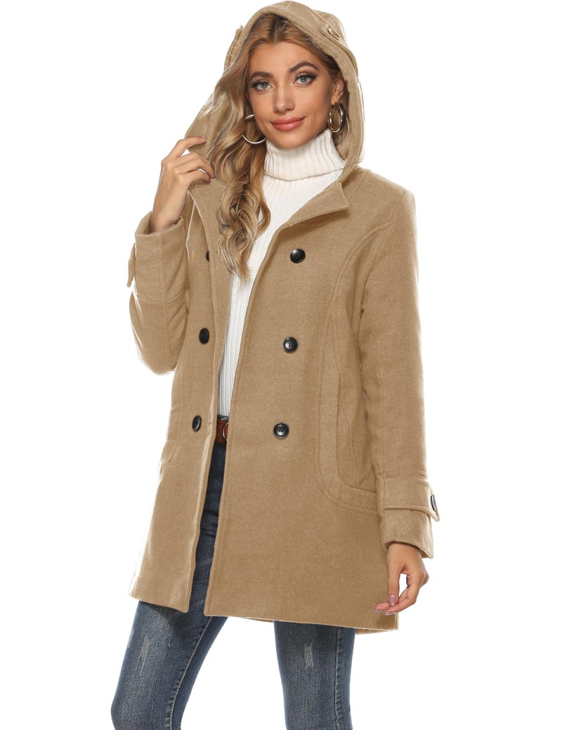 Tanming Women's Warm Double Breasted Wool Pea Coat Trench Coat Jacket with Hood (Khaki-L) - Image 2