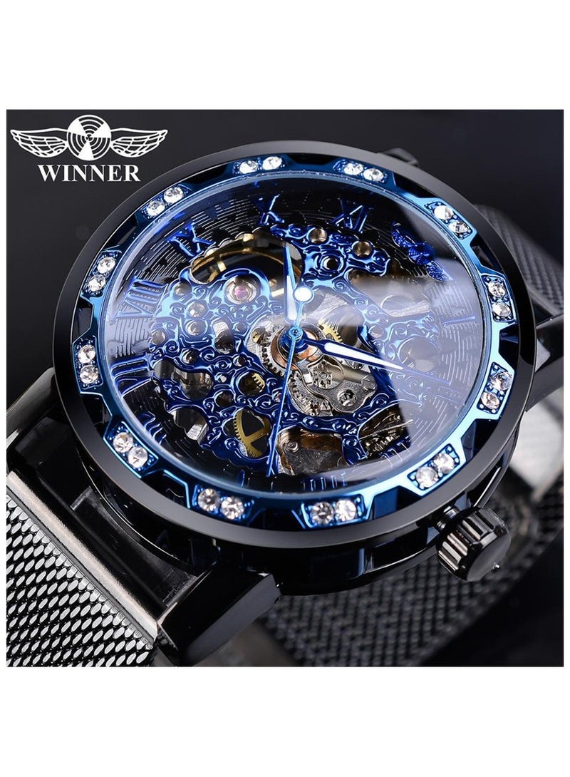 وينر ساعة رجالية ميكانيكية يدوية، كلاسيكية، أنيقة، عصرية، كاجوال، بسوار شبكي مجوف مرصع بأحجار الراين