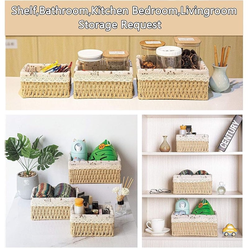 MIXDE Wicker Baskets, Storage Baskets, 3Pcs Shelf Small Basket Handmade Woven Storage Bins with Removable Liner, Handmade Rope Bins for Bathroom Desk Shelf Makeup Organization for Bathroom, Kitchen - Image 2