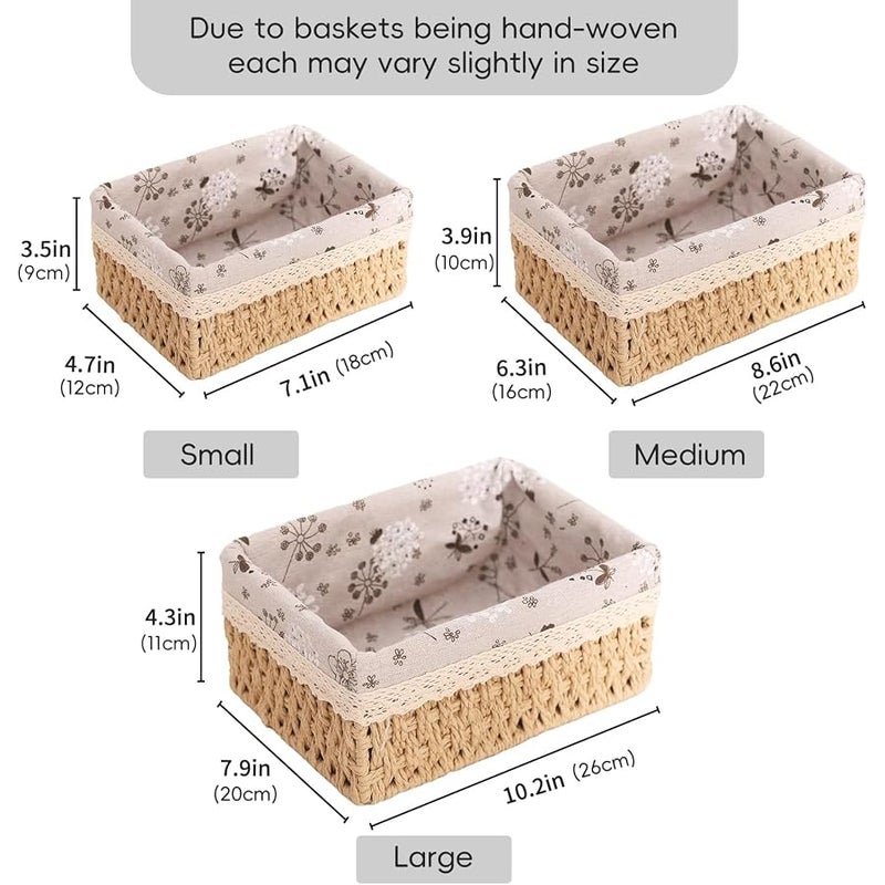 MIXDE Wicker Baskets, Storage Baskets, 3Pcs Shelf Small Basket Handmade Woven Storage Bins with Removable Liner, Handmade Rope Bins for Bathroom Desk Shelf Makeup Organization for Bathroom, Kitchen - Image 4