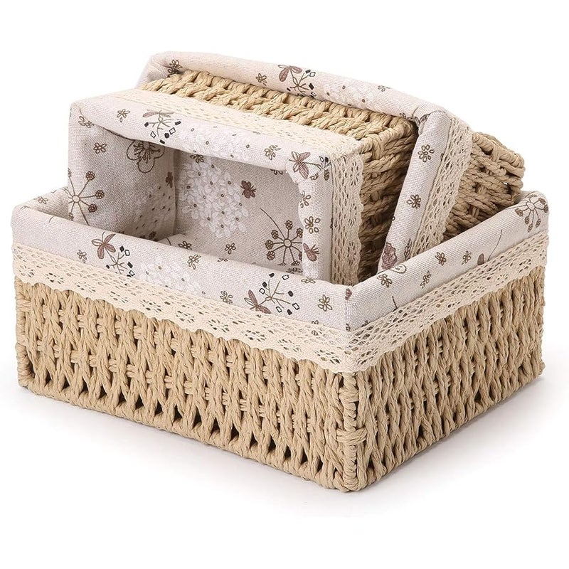 MIXDE Wicker Baskets, Storage Baskets, 3Pcs Shelf Small Basket Handmade Woven Storage Bins with Removable Liner, Handmade Rope Bins for Bathroom Desk Shelf Makeup Organization for Bathroom, Kitchen - Image 1