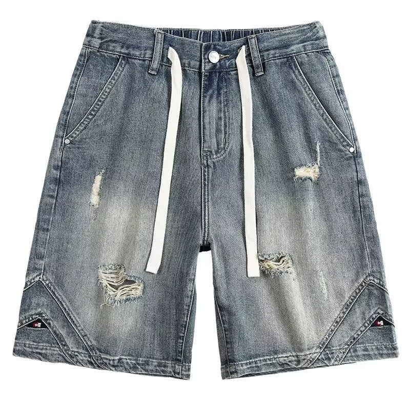 Foreign Trade Rip Washed Denim Shorts Mens Summer Thin Loose Retro Mid-length Pants American Style High Street Fashion Brand Five-length Pants Blue 