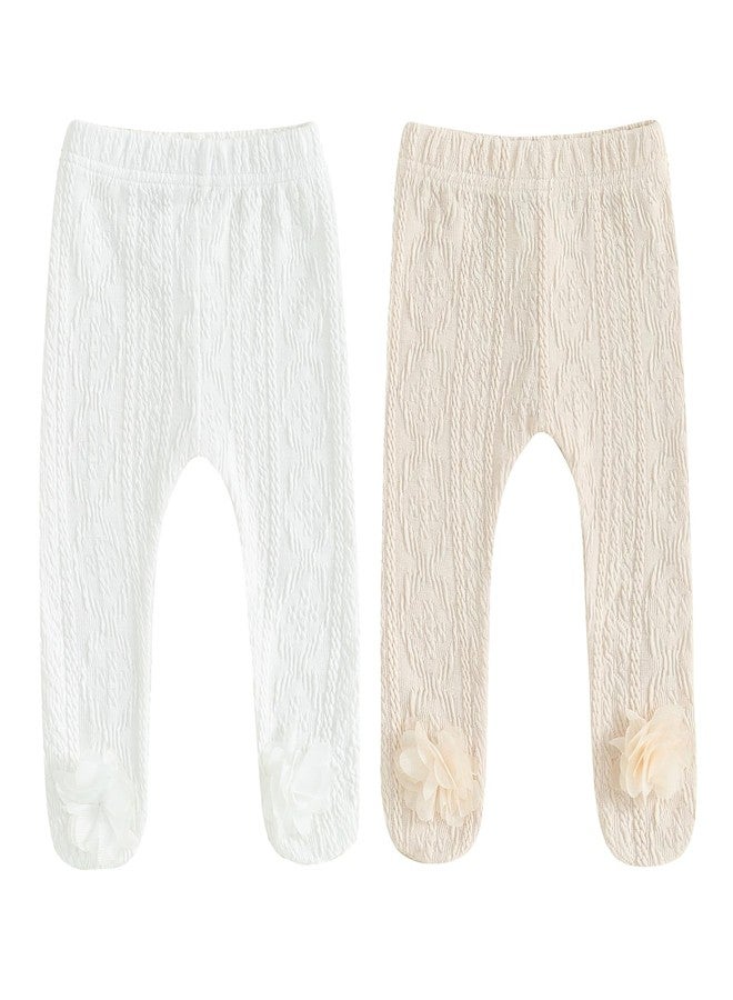 Honganda Cute Infant Baby Girl's Tights 3D Floral Stockings Elastic Waist Footed Leggings Flower Ribbed Pantyhose (Beige+White, 0-6 Months) - Image 1
