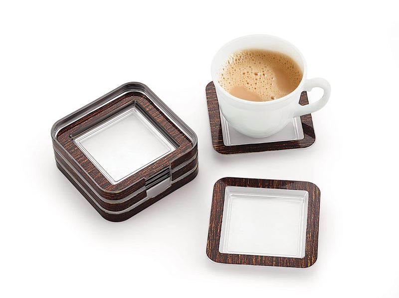 Liza Designer Square Coaster for Tea Cups, Coffee Mugs/Beer Cans Bar Tumblers & Water Glasses - Set of 6 & 1 Holder (Brown) - Image 2