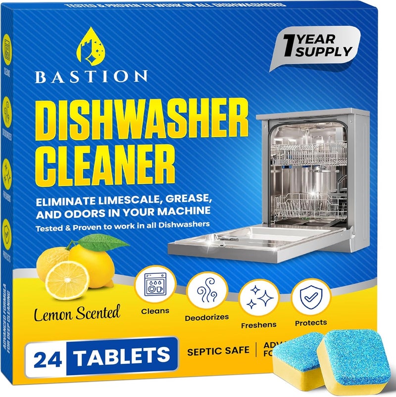 Bastion Dishwasher Cleaner Tablets - 24 Tablets (1-Year Supply) Lemon-Scented, Heavy Duty Cleaning Descaler Pods for Dish Washer, Deep Cleans & Maintains Your Dishwashing Machine for Optimal Performance Stable base - Image 1