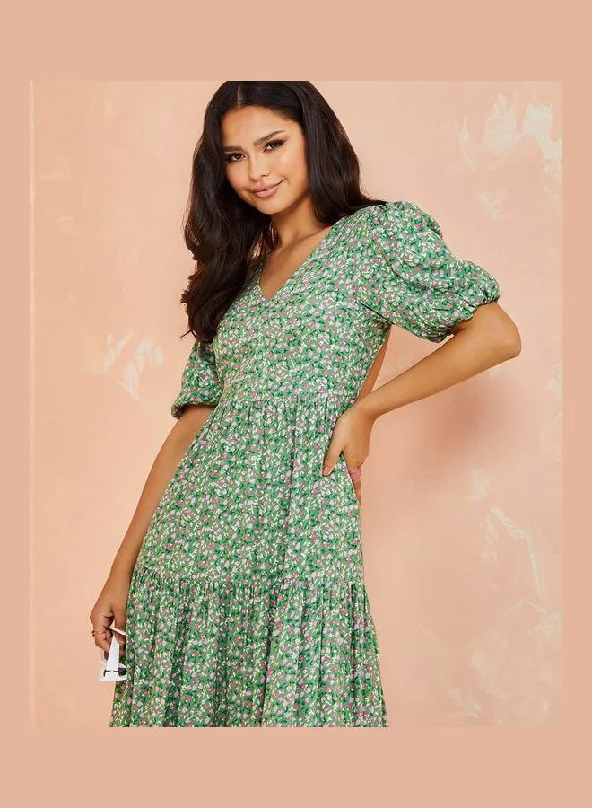 Styli Cuffed Sleeves Open Back Detail Tiered Maxi dress