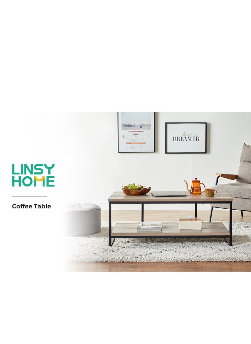 LINSY HOME LINSY HOME - Coffee Table , 2 layers of shelves For Living Room , Sturdy Steel Frame, Light Grey Color, 100L*55W* 45H cm  - Image 5