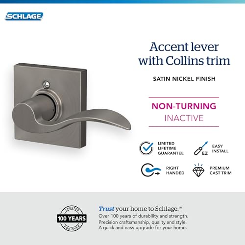 Schlage Accent Lever with Collins Trim NonTurning Lock in Satin Nickel Right Handed F170 ACC 619 COL RH - Image 3