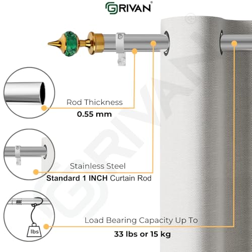 GRIVAN Stainless Steel 1 Inch Curtain Rod, Green Diamond Finials and Brackets, 54 Inch - Image 3