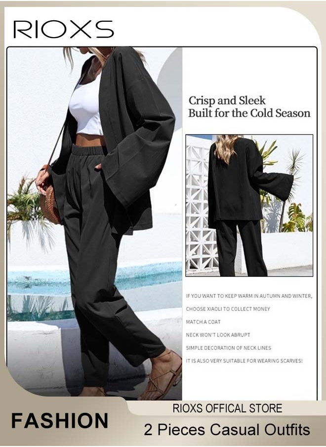 RIOXS - Women's 2 Pieces Linen Outfit with Chic Design, Daily Casual Set, Loose Cardigan Long Sleeves Tops and Elastic Waist Straight Pants, Made of Linen/Cotton Blended Fabric, Perfect for Travel, Daily Wear, Party or Dating - Image 1