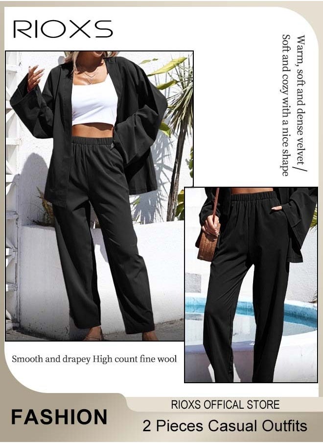 RIOXS - Women's 2 Pieces Linen Outfit with Chic Design, Daily Casual Set, Loose Cardigan Long Sleeves Tops and Elastic Waist Straight Pants, Made of Linen/Cotton Blended Fabric, Perfect for Travel, Daily Wear, Party or Dating - Image 1