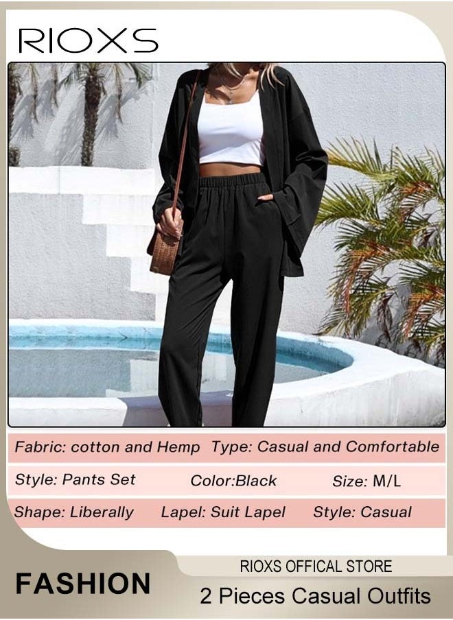 RIOXS - Women's 2 Pieces Linen Outfit with Chic Design, Daily Casual Set, Loose Cardigan Long Sleeves Tops and Elastic Waist Straight Pants, Made of Linen/Cotton Blended Fabric, Perfect for Travel, Daily Wear, Party or Dating - Image 1