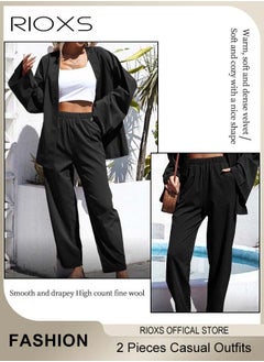 RIOXS Women's 2 Pieces Linen Outfit with Chic Design, Daily Casual Set, Loose Cardigan Long Sleeves Tops and Elastic Waist Straight Pants, Made of Linen/Cotton Blended Fabric, Perfect for Travel, Daily Wear, Party or Dating  - Image 5