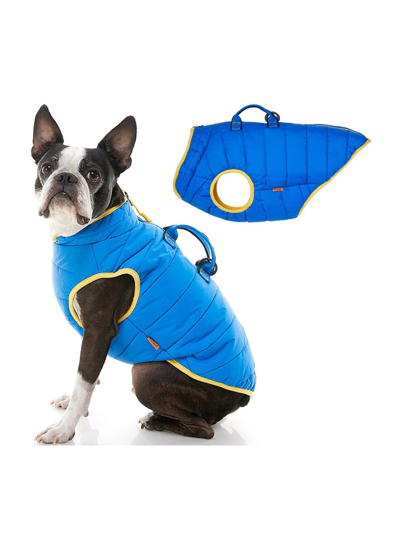 يو أيه أر أو أن إي سترة شتوية مبطنة كبيرة الحجم للكلاب باللون الأزرق مع حواف صفراء - الظهر 42 سم، الرقبة 40-41 سم، الصدر 47-51 سم