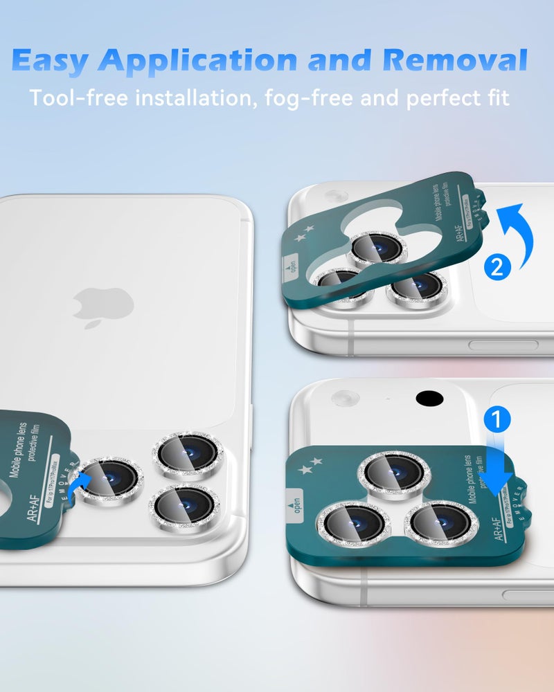 CloudValley Glitter Camera Lens Protector for iPhone 17 Pro/iPhone 17 Pro Max, Anti-Scratch HD Tempered Glass, Shatterproof Metal Ring Cover, Easy Installation, Glitter Silver - Image 5