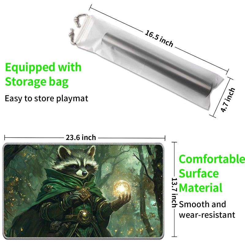 JANENFNA MTG Playmat 24" x 14" with Storage Bag, Premium Stitched Non-Slip Rubber Magic Tabletop Game Mat, Forest Sorcerer Raccoon, 2mm Thick, Machine Washable - Image 2