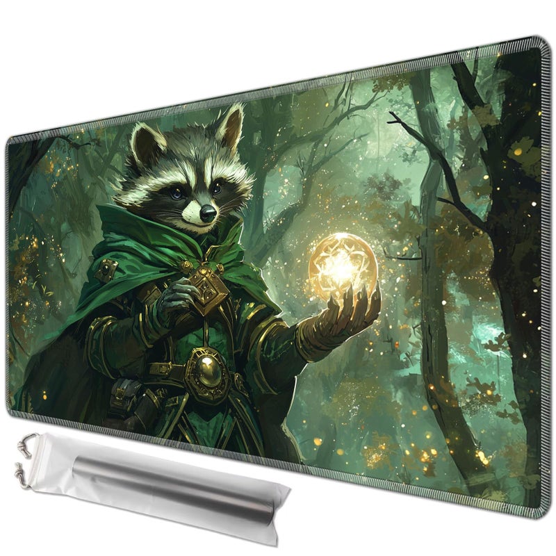 JANENFNA MTG Playmat 24" x 14" with Storage Bag, Premium Stitched Non-Slip Rubber Magic Tabletop Game Mat, Forest Sorcerer Raccoon, 2mm Thick, Machine Washable - Image 1