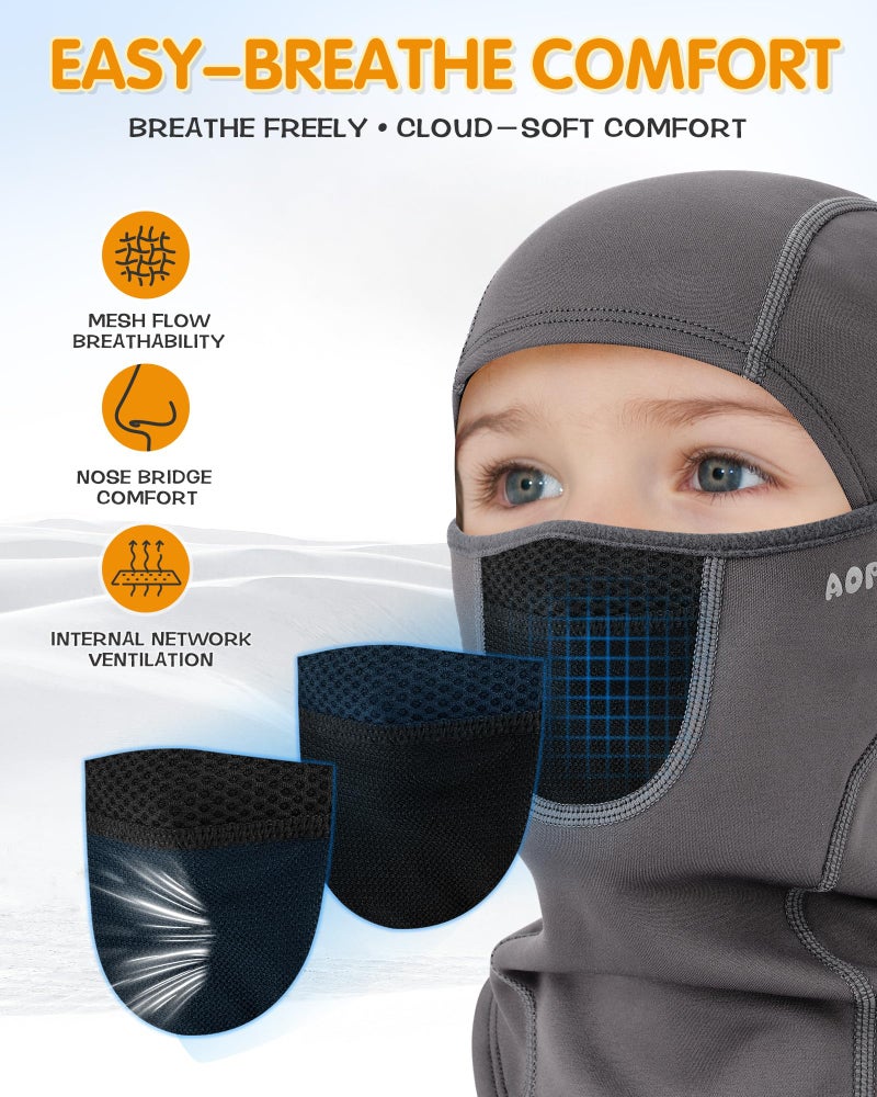AOPREL Kids Balaclava Ski Mask with Breathable Holes, Windproof Fleece Full Face Mask for Cold Weather Boys Girls Grey - Image 3