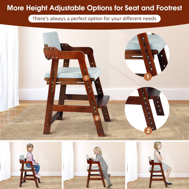 Ezebaby Wooden High Chair for Toddlers to Teens Adjustable Kids Learning Chair with Steps, Child Seats with Removable Cushions (Nut-Brown) - Image 3