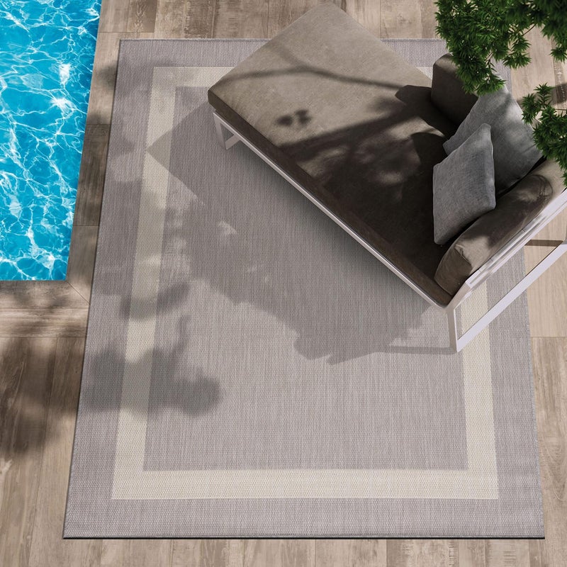 CAMILSON Outdoor Rug 5x7Modern Outside Rugs for Patios Porches Waterproof Durable Washable NonShedding EasytoClean Indoor Outdoor Area Carpet 5 x 7 Bordered  GrayWhite