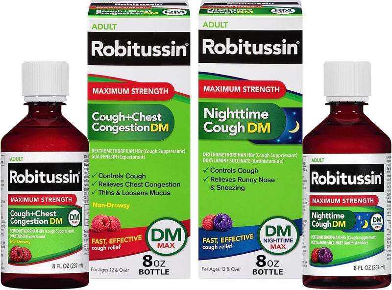 Robitussin DM Max Cough Plus Chest Congestion and Robitussin Maximum Strength Nighttime Cough DM, Adult Formulas - 2 x 8 Fl Oz Bottles