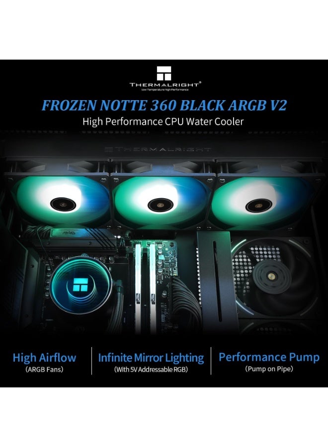 Thermalright Frozen Notte 360 Black ARGB V2 Water Cooling CPU Cooler, 360 Black CPU Cooler Specifications, 3×120mm PWM Fans, S-FDB V2 Bearings, Suitable for AMD/AM4, Intel LGA 1700/1150/1200/2011/2066 - Image 4