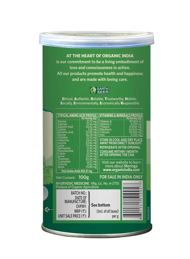 Organic India A TATA Product - Organic India Moringa Powder - 100g, Essential Nutrition Superfood, Helps Naturally Boost Energy Levels, Improves Stamina & Vitality, Rich In Vitamins & Minerals, GMP & NPOP Certified Organic - Image 2