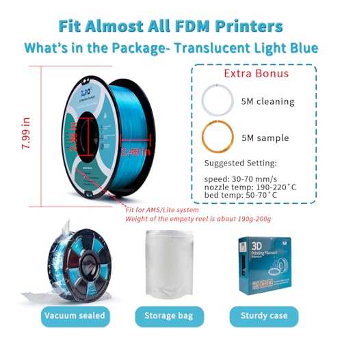 ZIRO 3D Printing Filament, Translucent PLA Series, 1.75mm PLA Filament Material, Dimensional Accuracy +/- 0.03mm, 2.2lbs Spool, 3D Printing Material Fit Most FDM Printers, Translucent Light Blue - Image 5